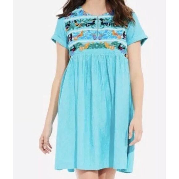 Roberta Roller Rabbit Terra Embroidered Birds Dress Teal Dress Size XL - Picture 1 of 10